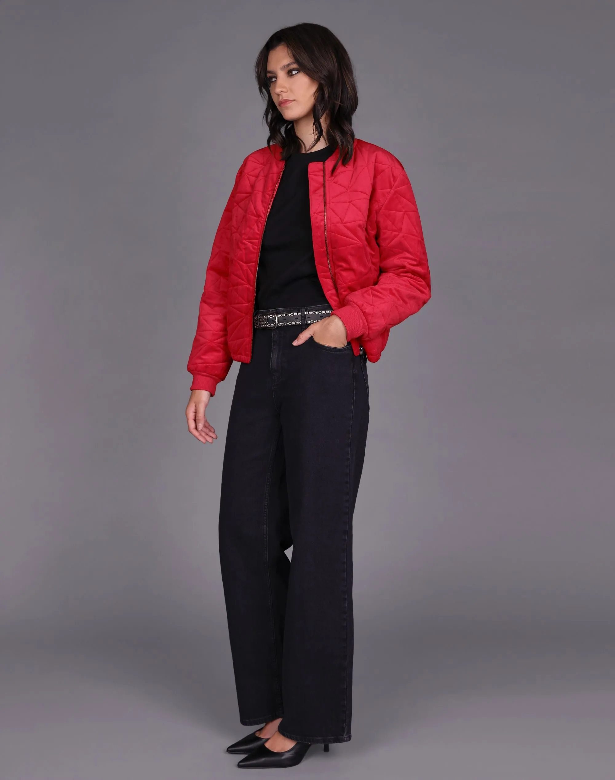 STORM QUILTED VELVET BOMBER RED