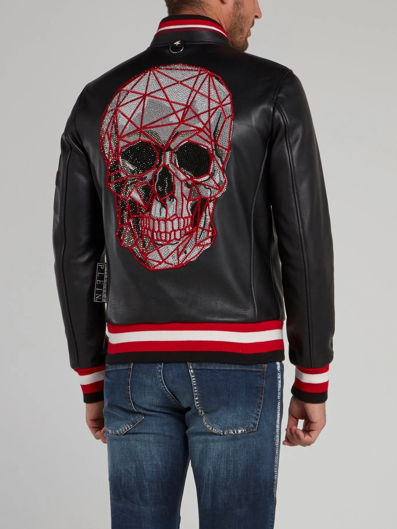 Stripe Edge Skull Leather Bomber Jacket