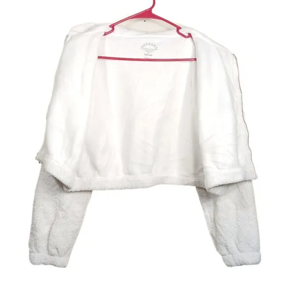 Sundown By Splendid Hooded Fur Bomber Jacket Womens XS Ivory Crop Teddy Jacket