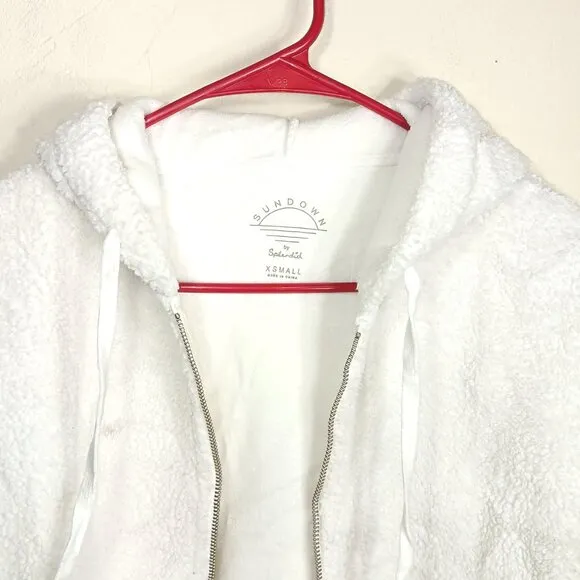Sundown By Splendid Hooded Fur Bomber Jacket Womens XS Ivory Crop Teddy Jacket