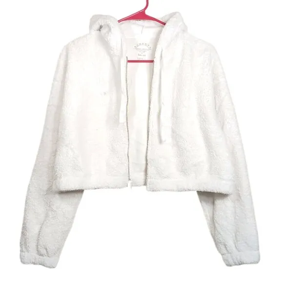 Sundown By Splendid Hooded Fur Bomber Jacket Womens XS Ivory Crop Teddy Jacket