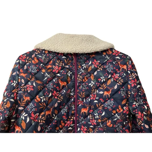 Talbots Womens Size XS Quilted Bomber Jacket Navy Woodland Ditsy Animal Print