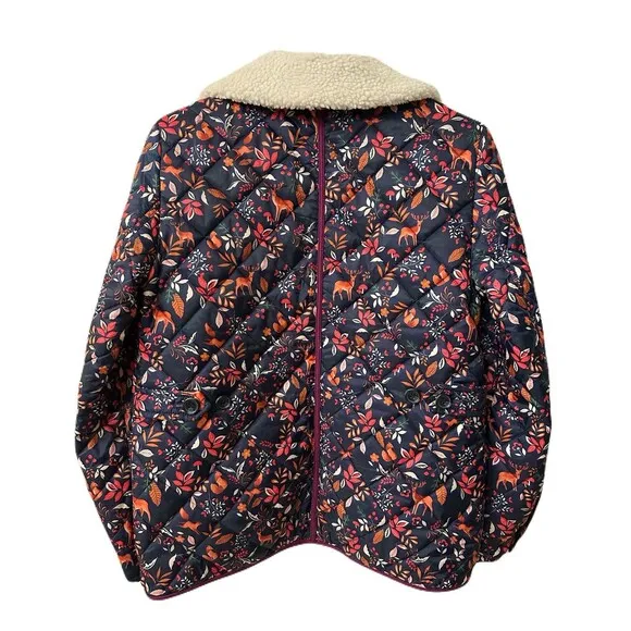 Talbots Womens Size XS Quilted Bomber Jacket Navy Woodland Ditsy Animal Print