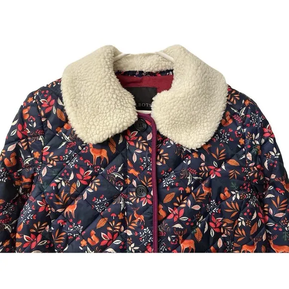 Talbots Womens Size XS Quilted Bomber Jacket Navy Woodland Ditsy Animal Print