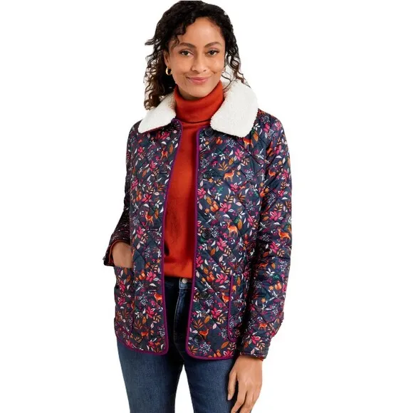 Talbots Womens Size XS Quilted Bomber Jacket Navy Woodland Ditsy Animal Print