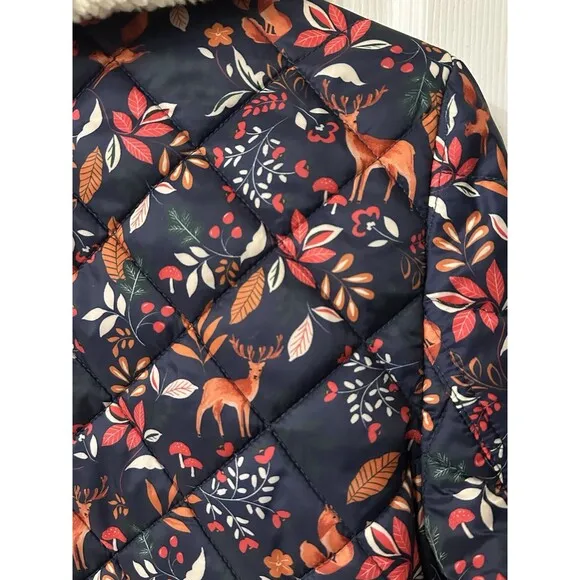 Talbots Womens Size XS Quilted Bomber Jacket Navy Woodland Ditsy Animal Print