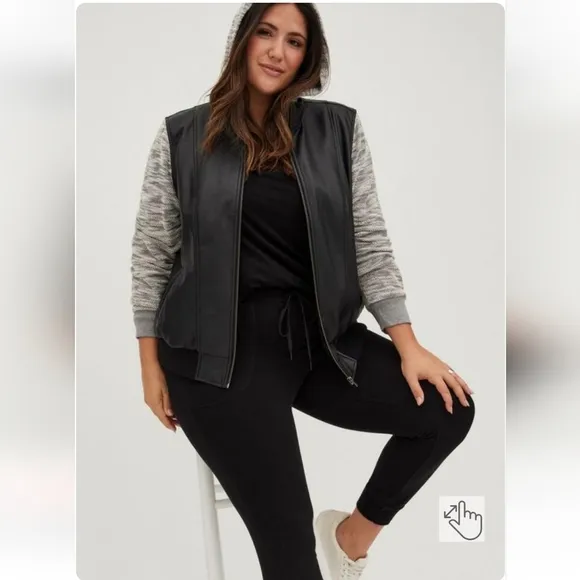 Torrid 00X Black Faux Leather &amp; Marled Grey Terry Bomber Jacket