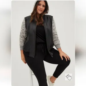 Torrid 00X Black Faux Leather &amp; Marled Grey Terry Bomber Jacket