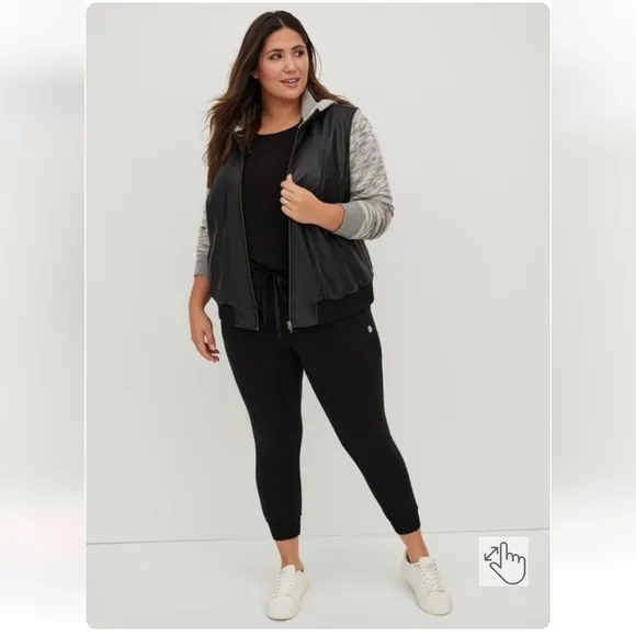 Torrid 00X Black Faux Leather &amp; Marled Grey Terry Bomber Jacket