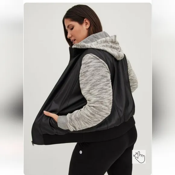 Torrid 00X Black Faux Leather &amp; Marled Grey Terry Bomber Jacket