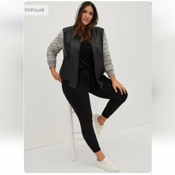 Torrid 00X Black Faux Leather &amp; Marled Grey Terry Bomber Jacket