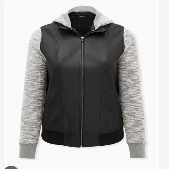 Torrid 00X Black Faux Leather &amp; Marled Grey Terry Bomber Jacket
