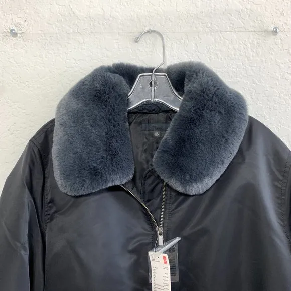 UNIQLO NWT Womens 2XL Ribbed Blouson Bomber Jacket Faux Fur Black