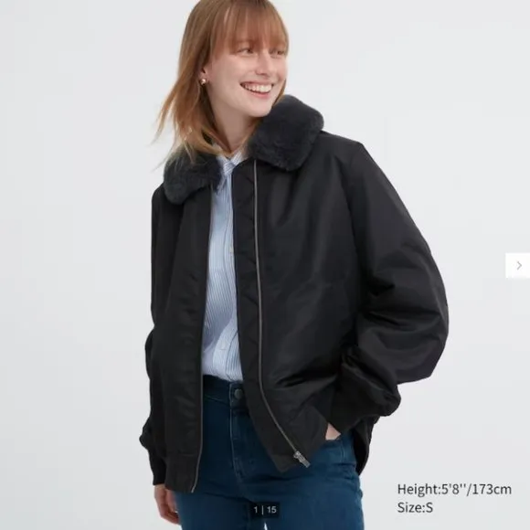 UNIQLO NWT Womens 2XL Ribbed Blouson Bomber Jacket Faux Fur Black