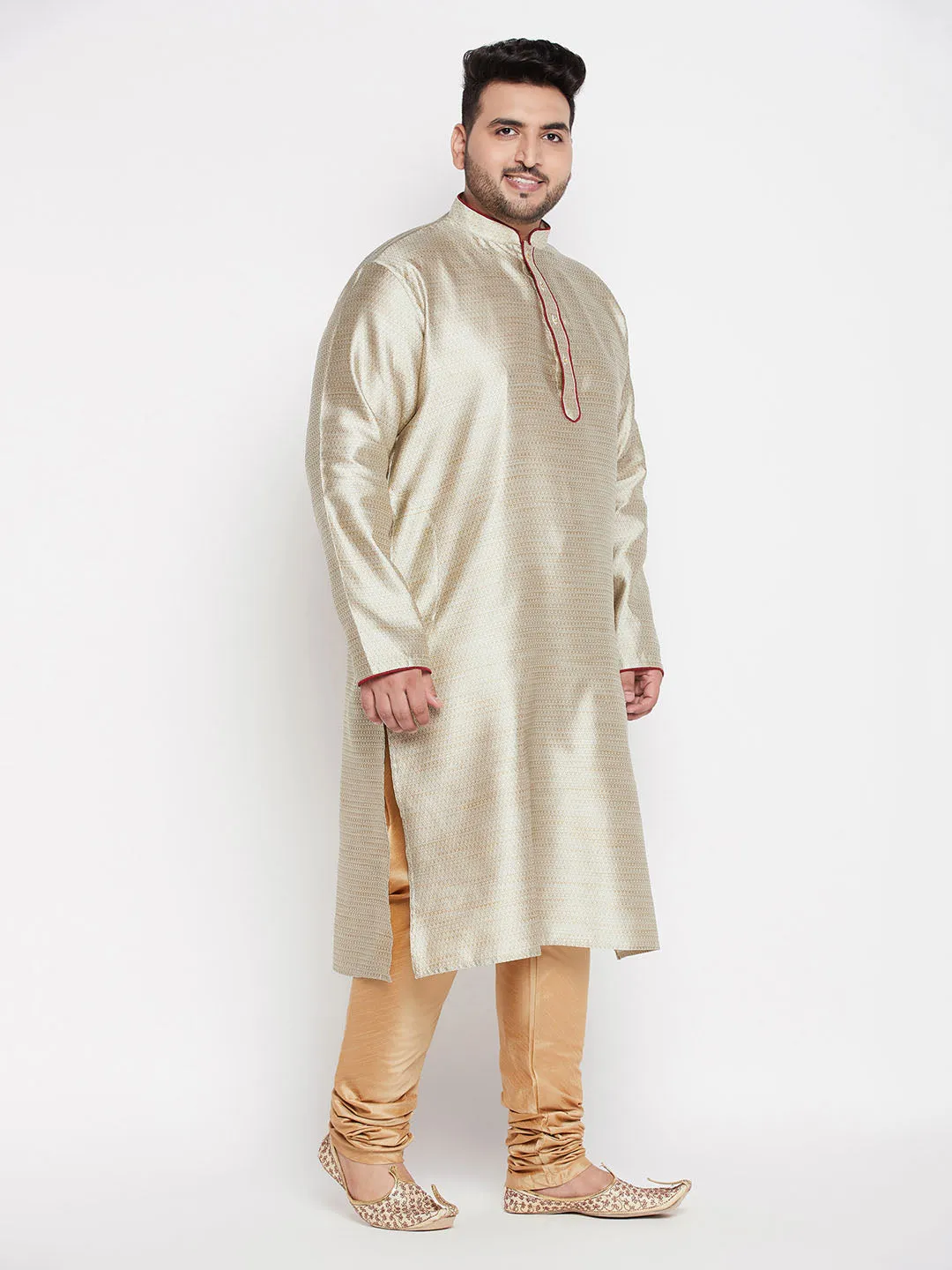 VASTRAMAY Men's Plus Size Beige Woven Kurta And Rose Gold Pyjama Set