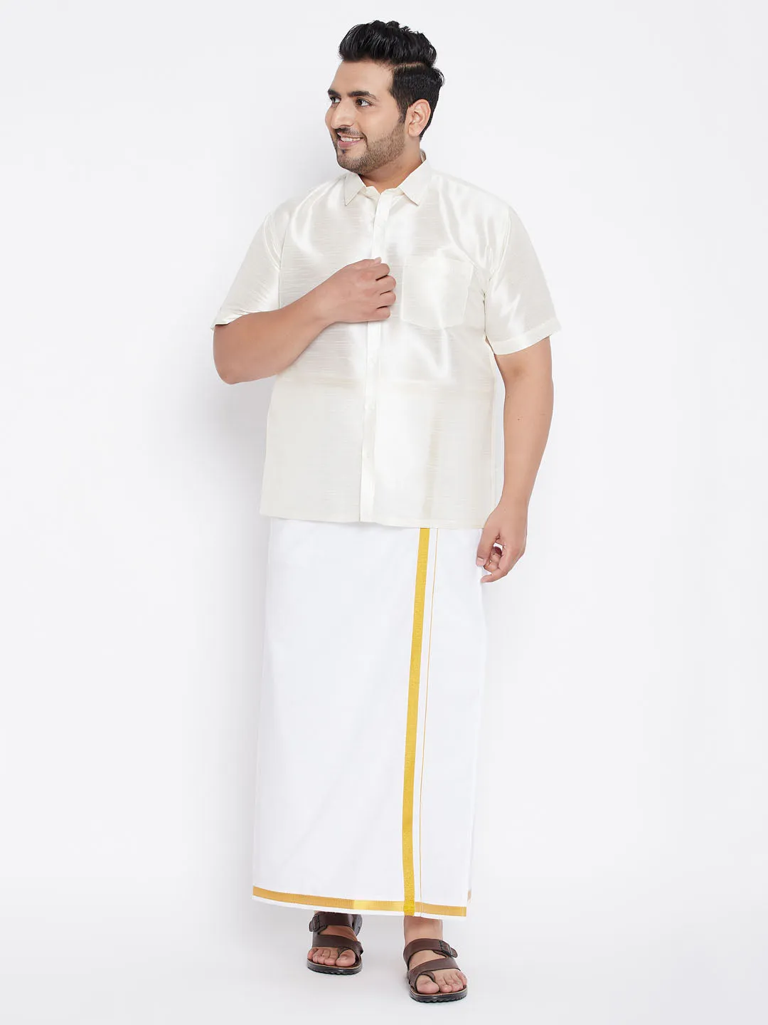 VASTRAMAY Men's Plus Size Cream Silk Blend Ethnic Shirt