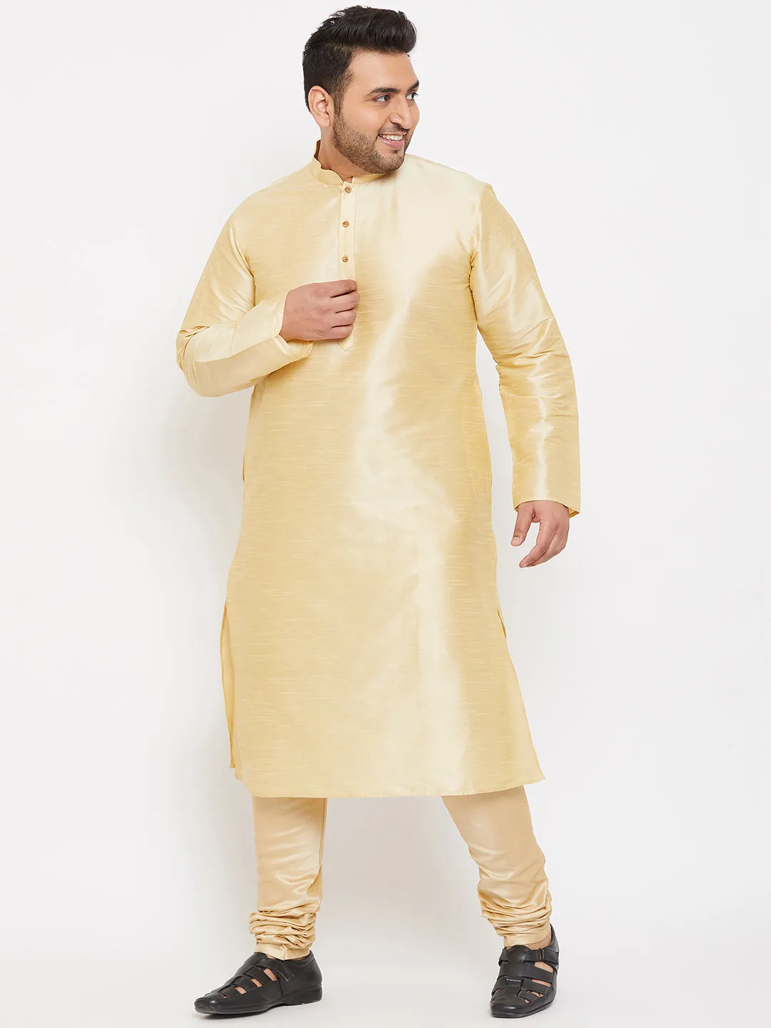 VASTRAMAY Men's Plus Size Golden Silk Blend Kurta Pyjama Set