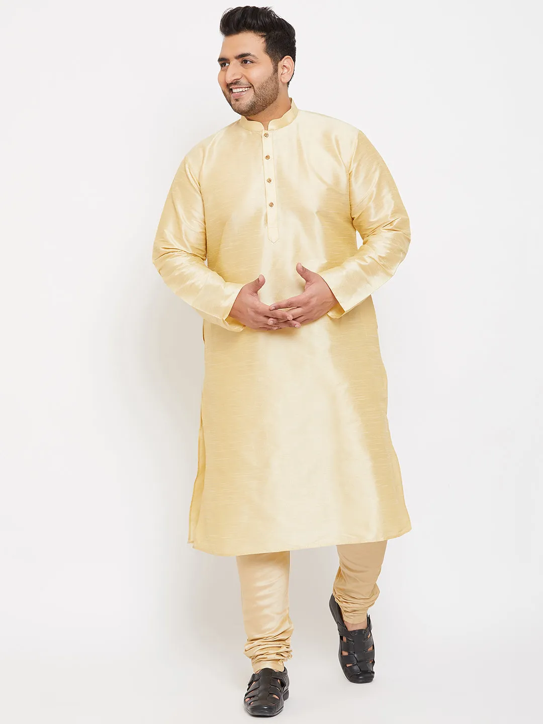 VASTRAMAY Men's Plus Size Golden Silk Blend Kurta Pyjama Set