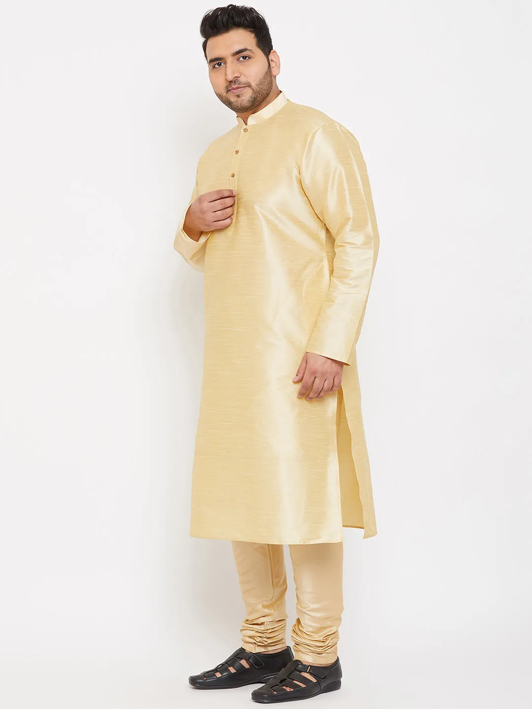 VASTRAMAY Men's Plus Size Golden Silk Blend Kurta Pyjama Set
