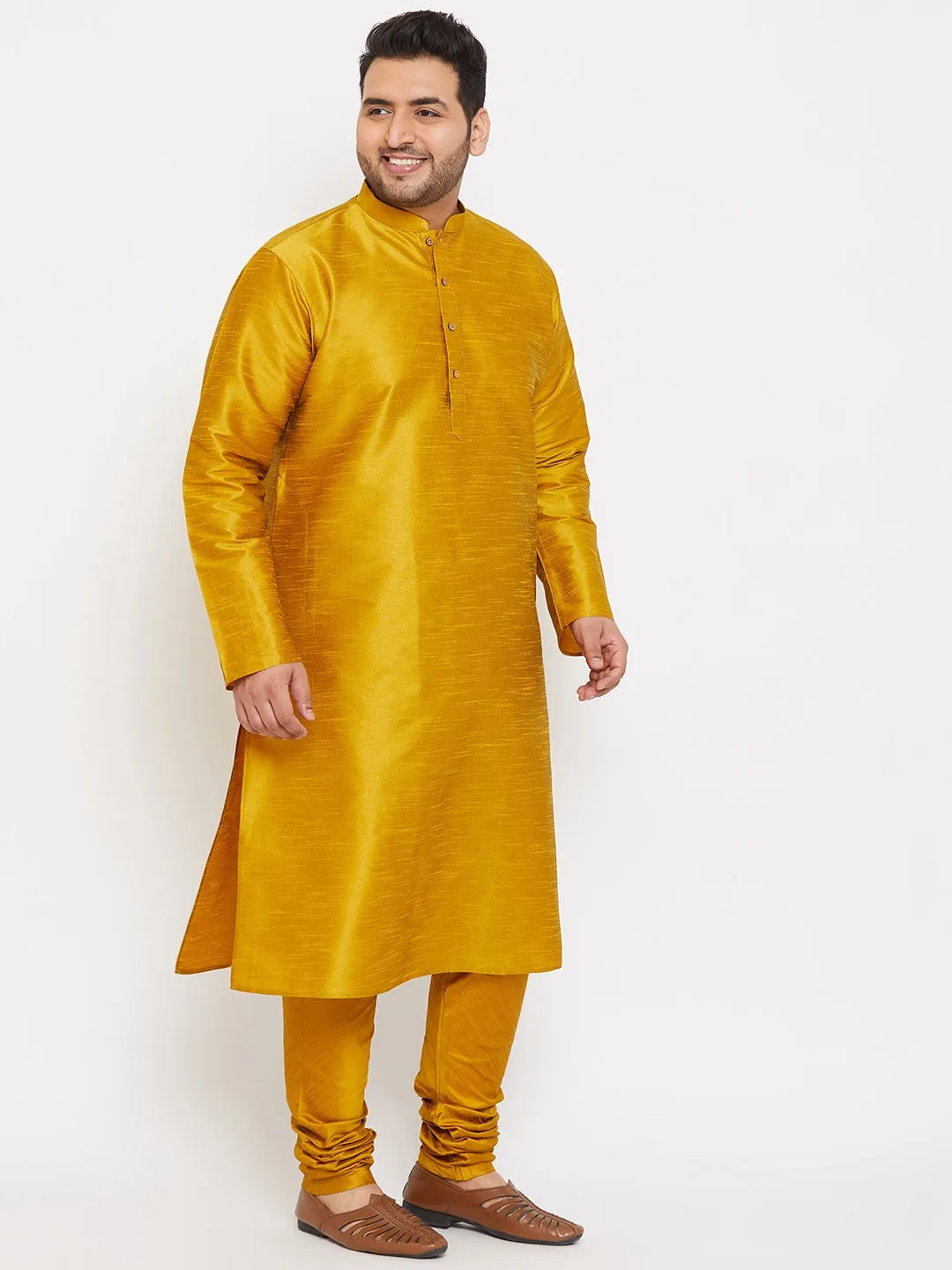 VASTRAMAY Men's Plus Size Mustard Silk Blend Kurta Pyjama Set