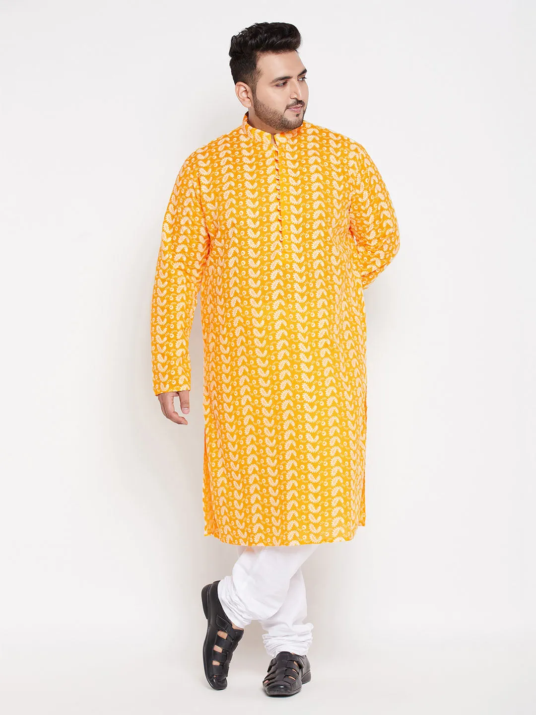 VASTRAMAY Men's Plus Size Orange Chikankari Embroidered Kurta