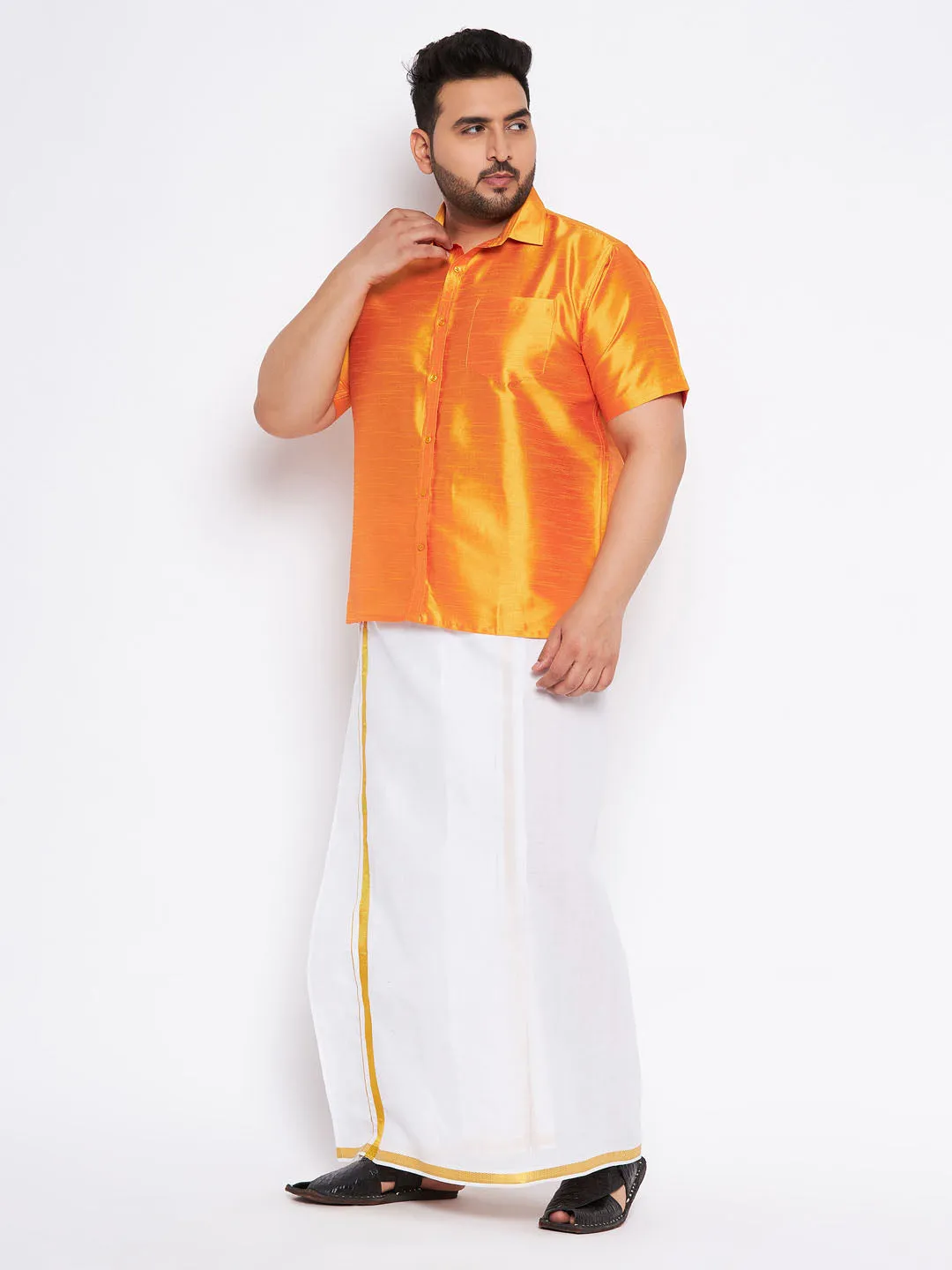 VASTRAMAY Men's Plus Size Orange Shirt And Mundu Set