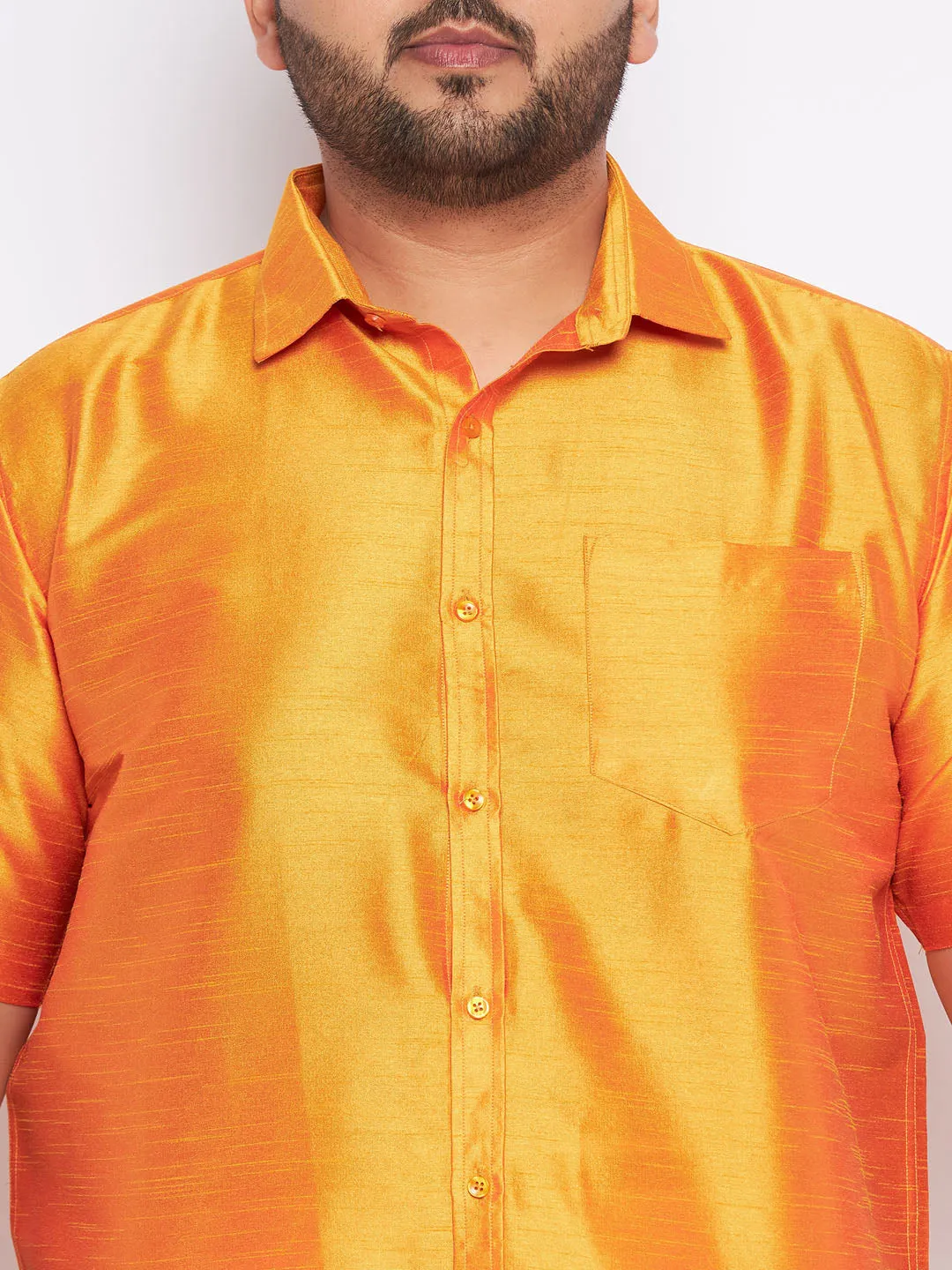 VASTRAMAY Men's Plus Size Orange Shirt And Mundu Set