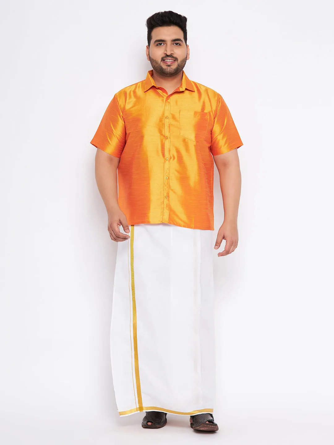 VASTRAMAY Men's Plus Size Orange Shirt And Mundu Set