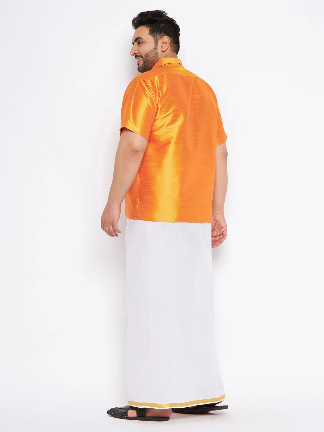 VASTRAMAY Men's Plus Size Orange Shirt And Mundu Set