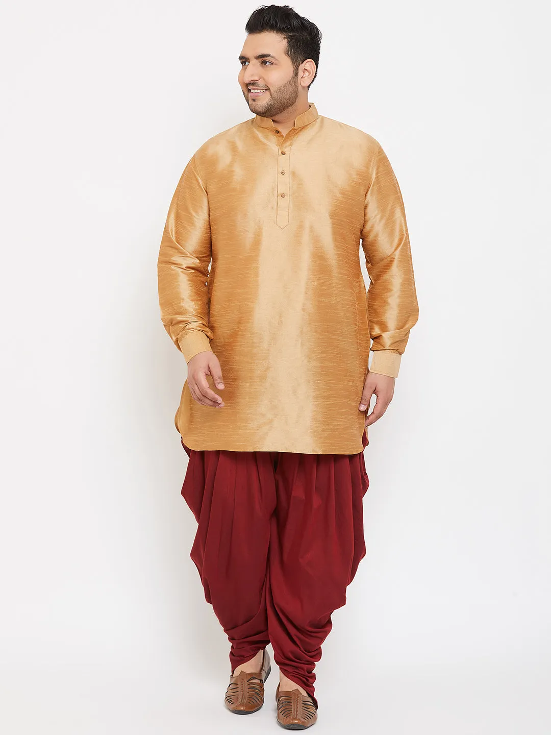 VASTRAMAY Men's Plus Size Rose Gold Silk Blend Curved Kurta Dhoti Set