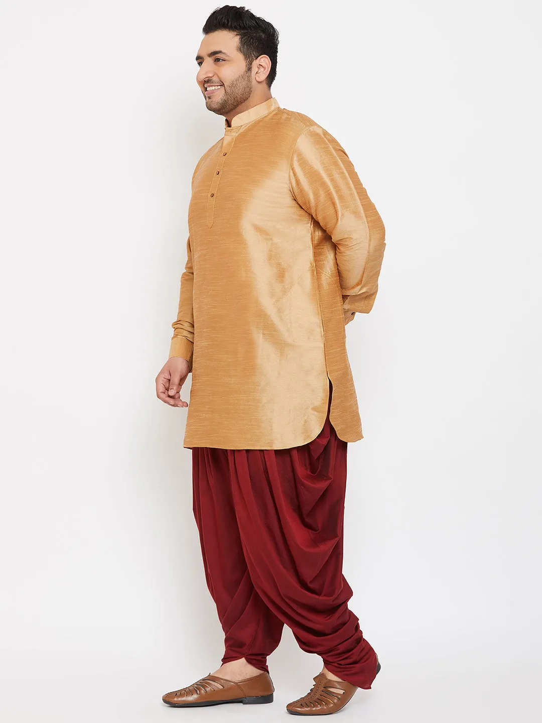 VASTRAMAY Men's Plus Size Rose Gold Silk Blend Curved Kurta Dhoti Set