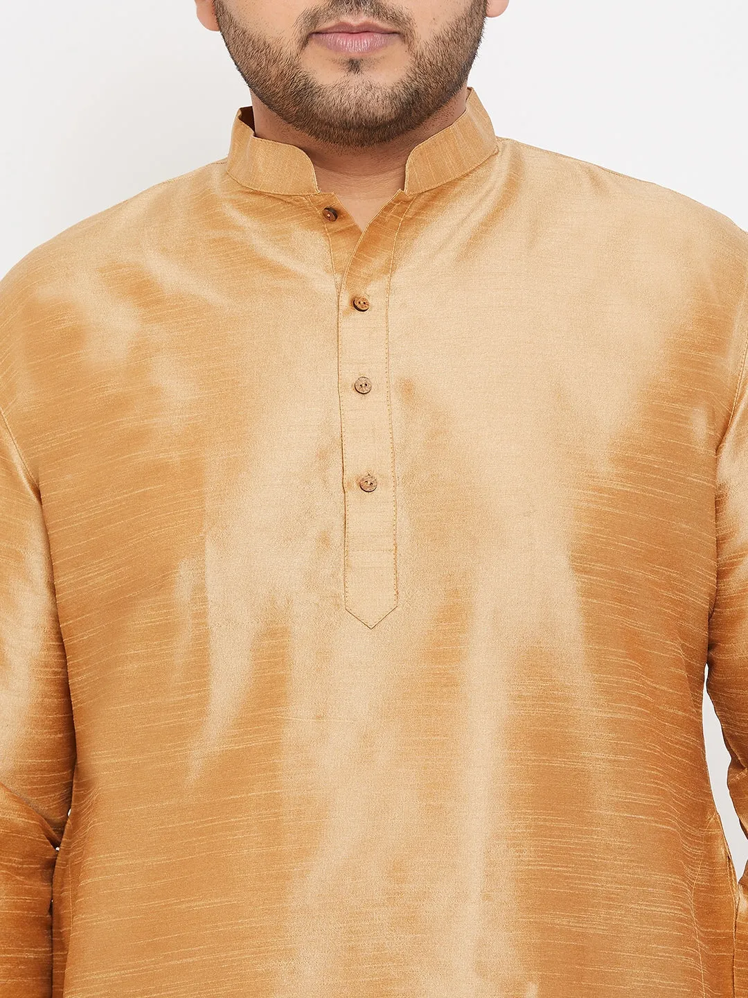 VASTRAMAY Men's Plus Size Rose Gold Silk Blend Curved Kurta Dhoti Set