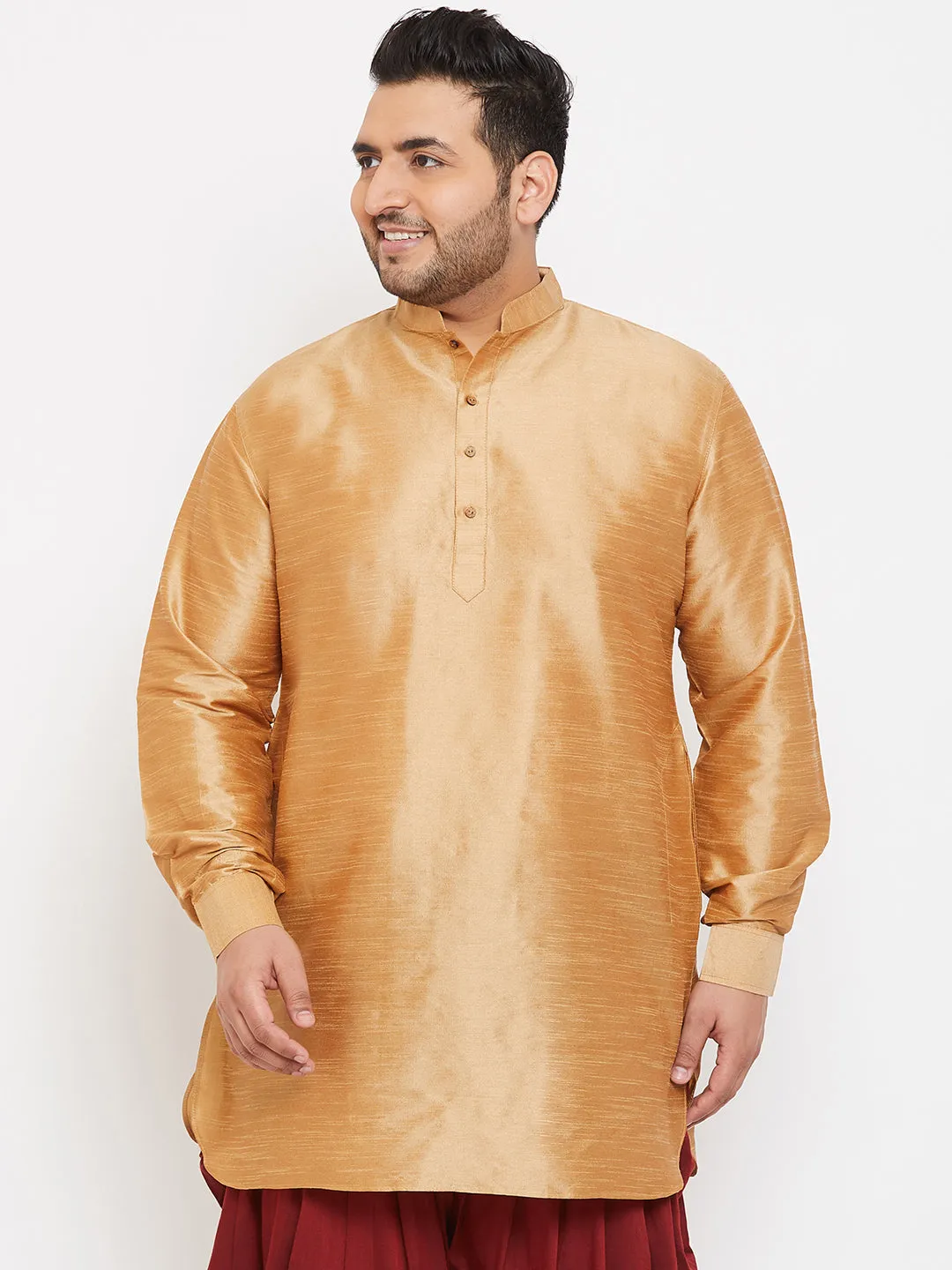 VASTRAMAY Men's Plus Size Rose Gold Silk Blend Curved Kurta