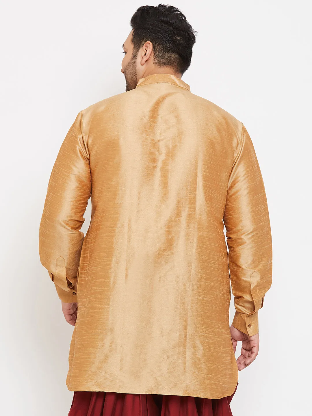 VASTRAMAY Men's Plus Size Rose Gold Silk Blend Curved Kurta