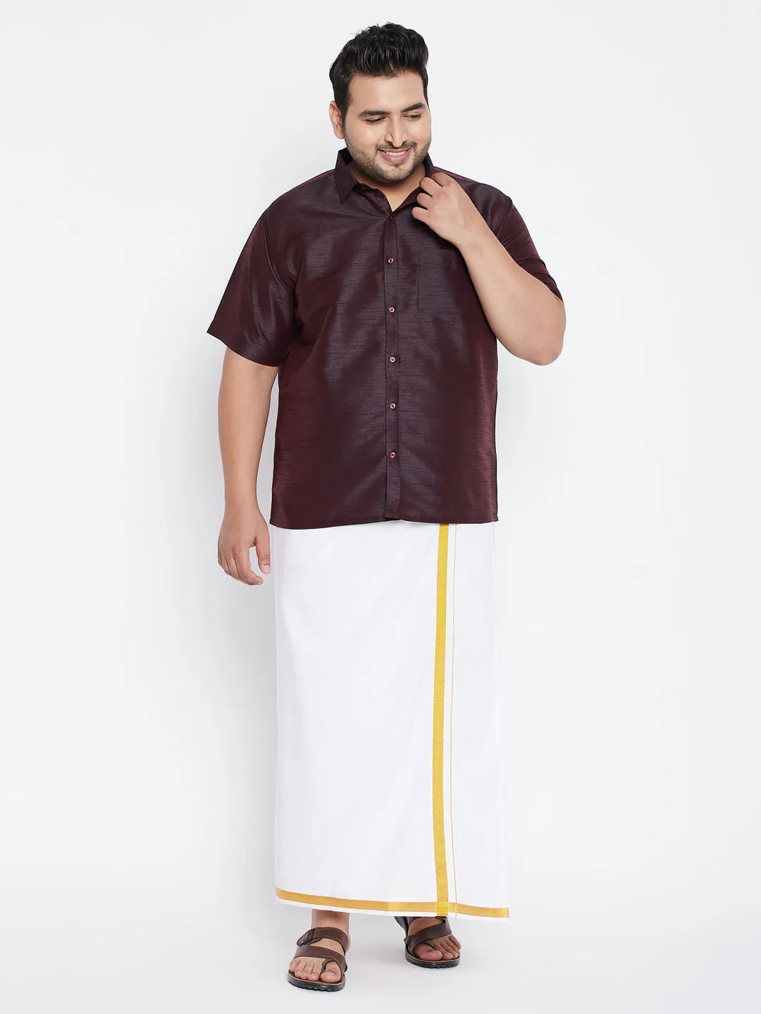 VASTRAMAY Men's Plus Size Wine And White Silk Blend Shirt And Mundu Set