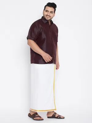 VASTRAMAY Men's Plus Size Wine And White Silk Blend Shirt And Mundu Set