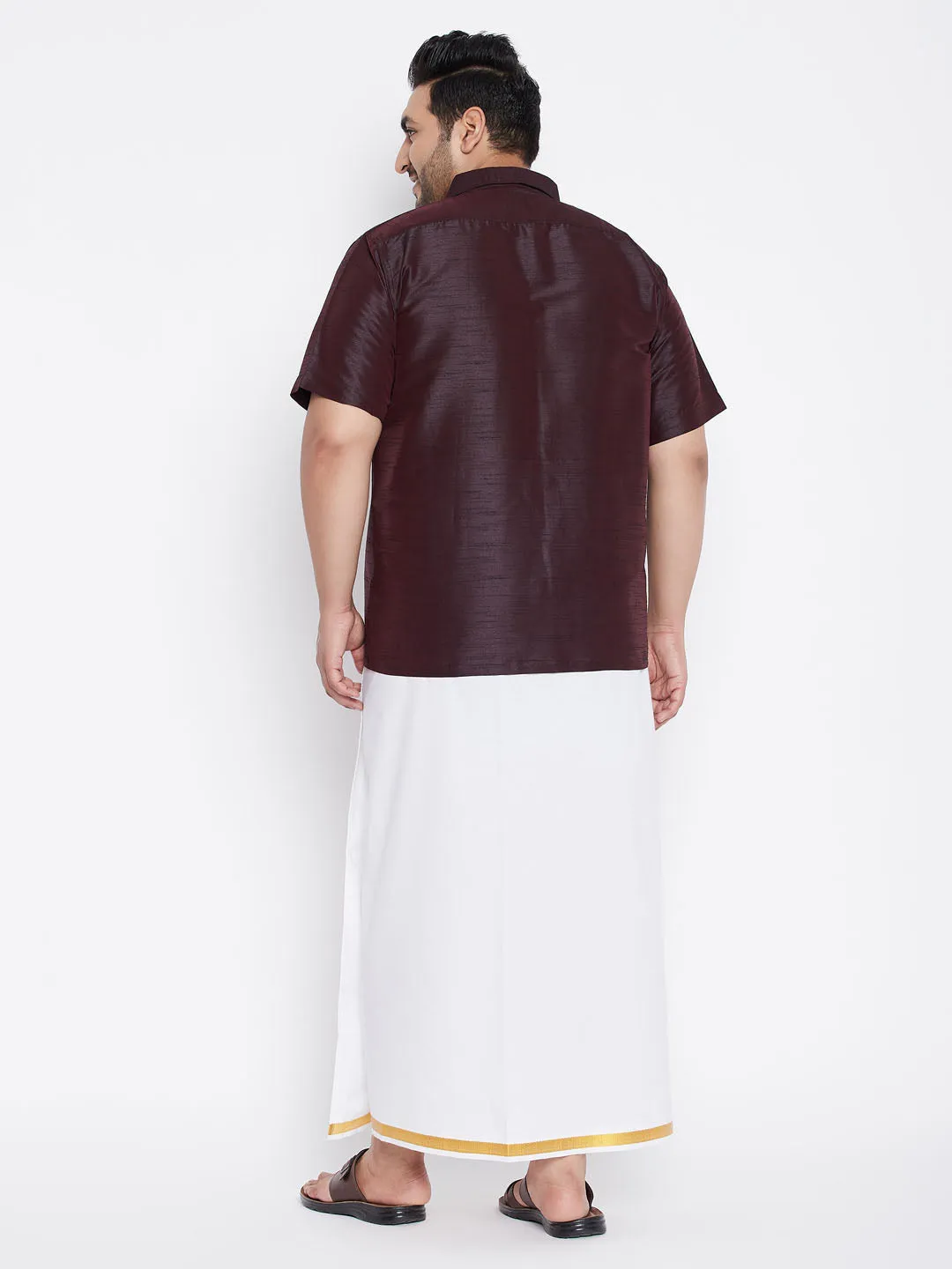 VASTRAMAY Men's Plus Size Wine And White Silk Blend Shirt And Mundu Set