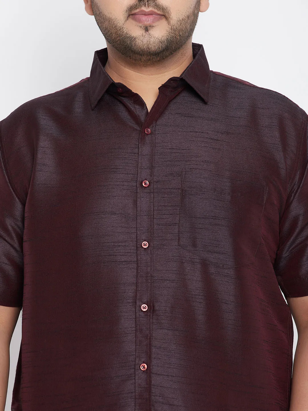 VASTRAMAY Men's Plus Size Wine And White Silk Blend Shirt And Mundu Set