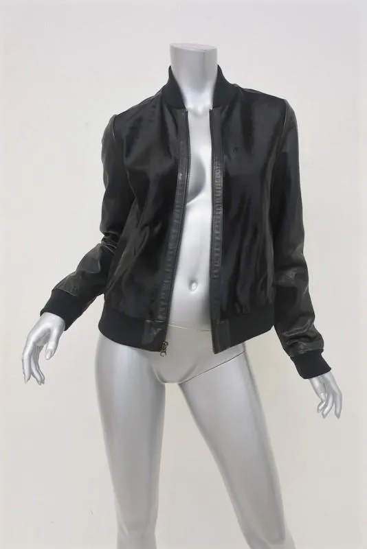 Vince Bomber Jacket Black Calf Hair & Leather Size Small