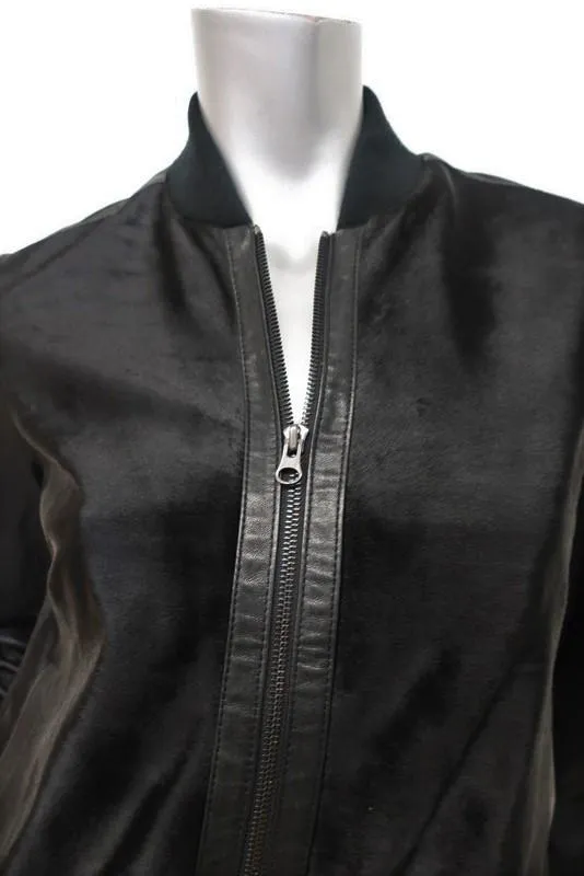 Vince Bomber Jacket Black Calf Hair & Leather Size Small