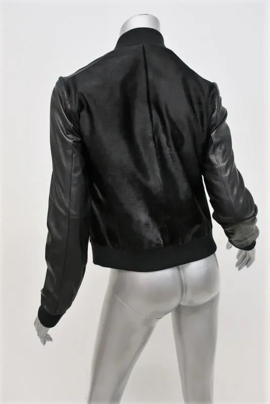 Vince Bomber Jacket Black Calf Hair & Leather Size Small
