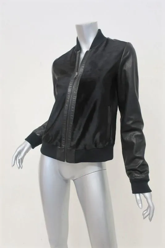 Vince Bomber Jacket Black Calf Hair & Leather Size Small