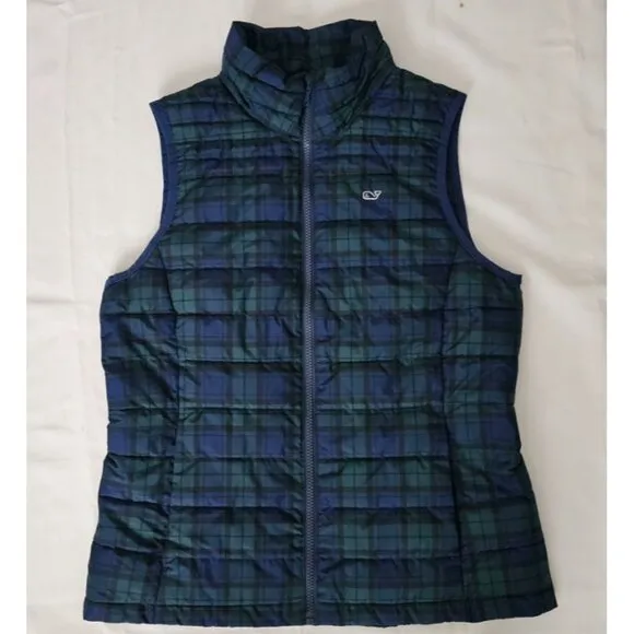 Vineyard Vines Women's Blue Green Tartan Plaid Puffer Vest Jacket Size Small