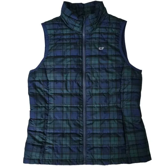 Vineyard Vines Women's Blue Green Tartan Plaid Puffer Vest Jacket Size Small