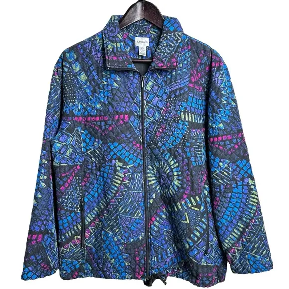 Vintage Chico's Size 2 Silk Quilted Puffer Jacket Geometric 90s Lightweight