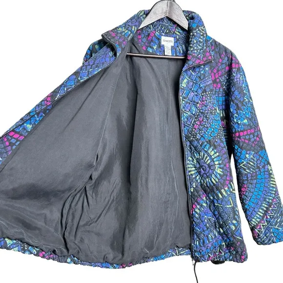 Vintage Chico's Size 2 Silk Quilted Puffer Jacket Geometric 90s Lightweight
