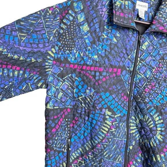 Vintage Chico's Size 2 Silk Quilted Puffer Jacket Geometric 90s Lightweight