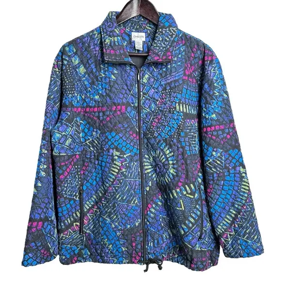 Vintage Chico's Size 2 Silk Quilted Puffer Jacket Geometric 90s Lightweight