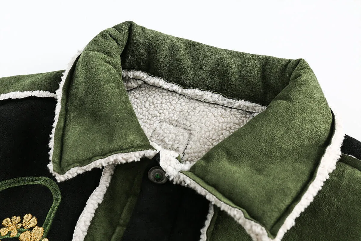 Vintage Floral Embroidered Suede Fleece Jacket