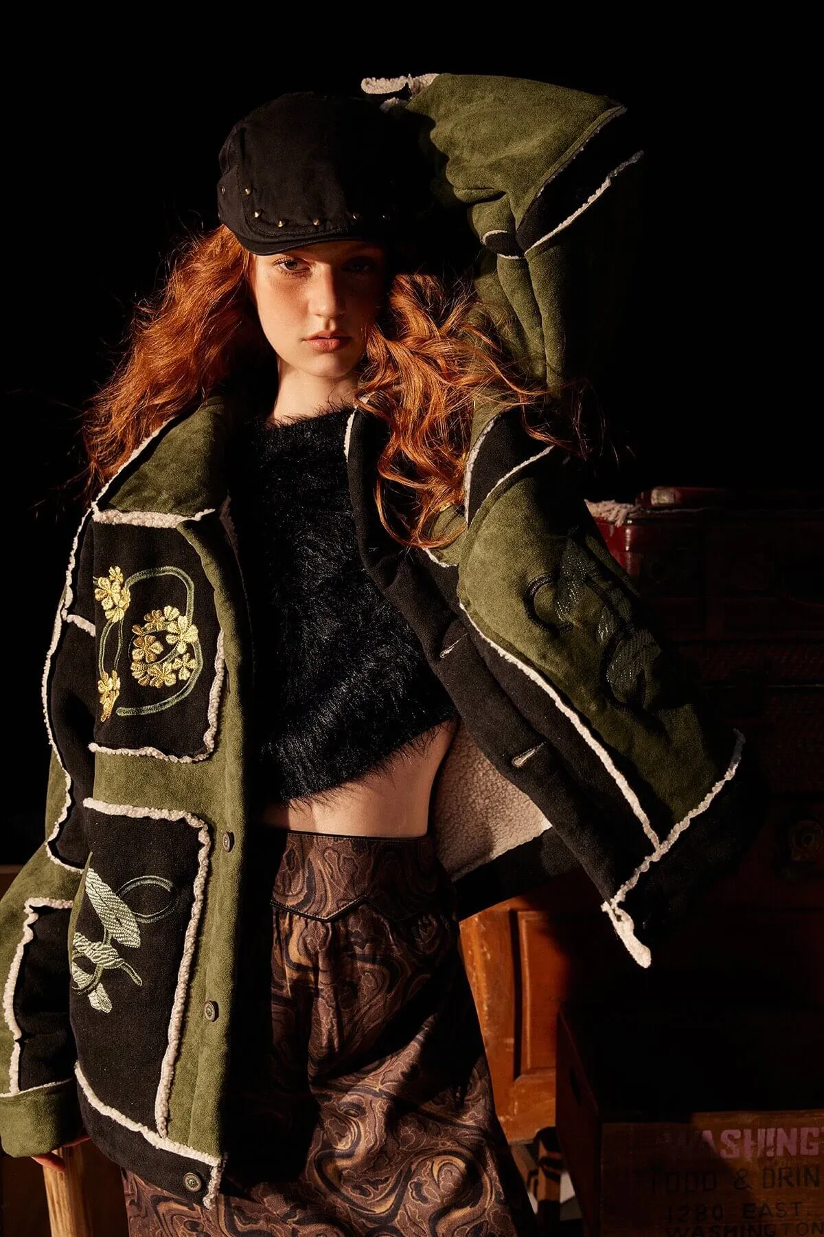 Vintage Floral Embroidered Suede Fleece Jacket